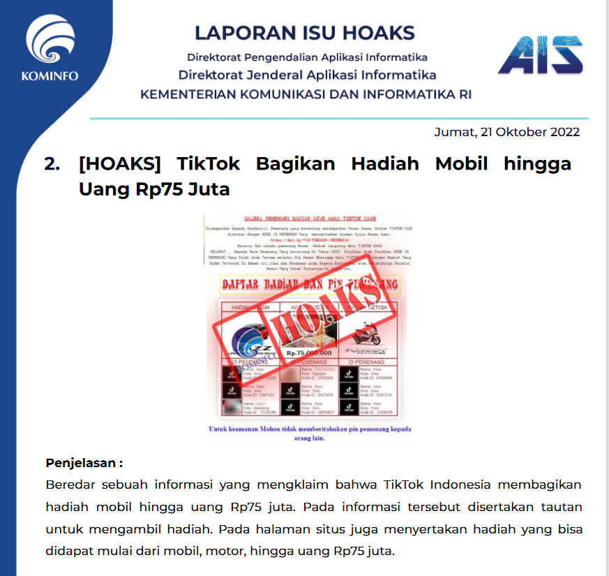Isu Hoaks 21 Oktober 2022