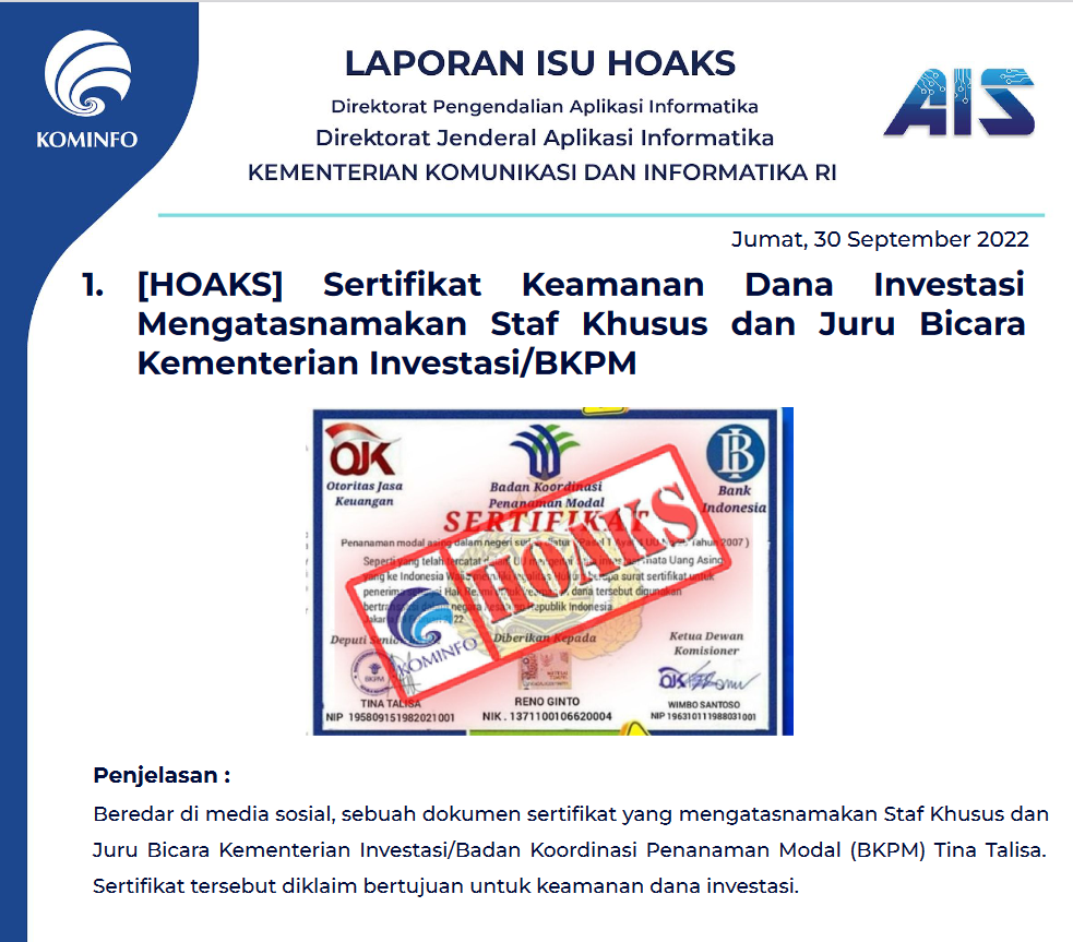 Isu Hoaks 30 September 2022