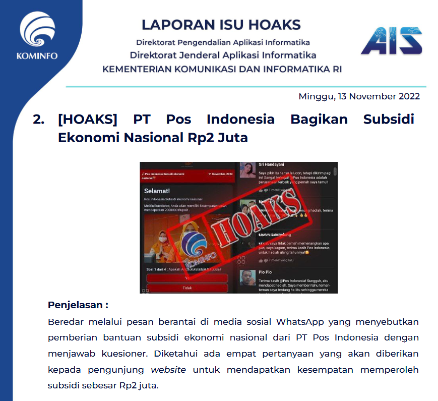 Isu Hoaks 13 November 2022