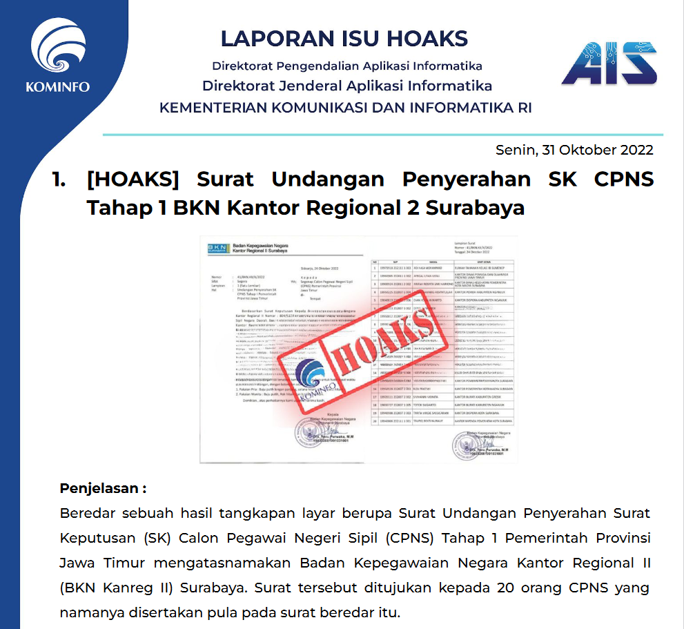 Isu Hoaks 31 Oktober 2022