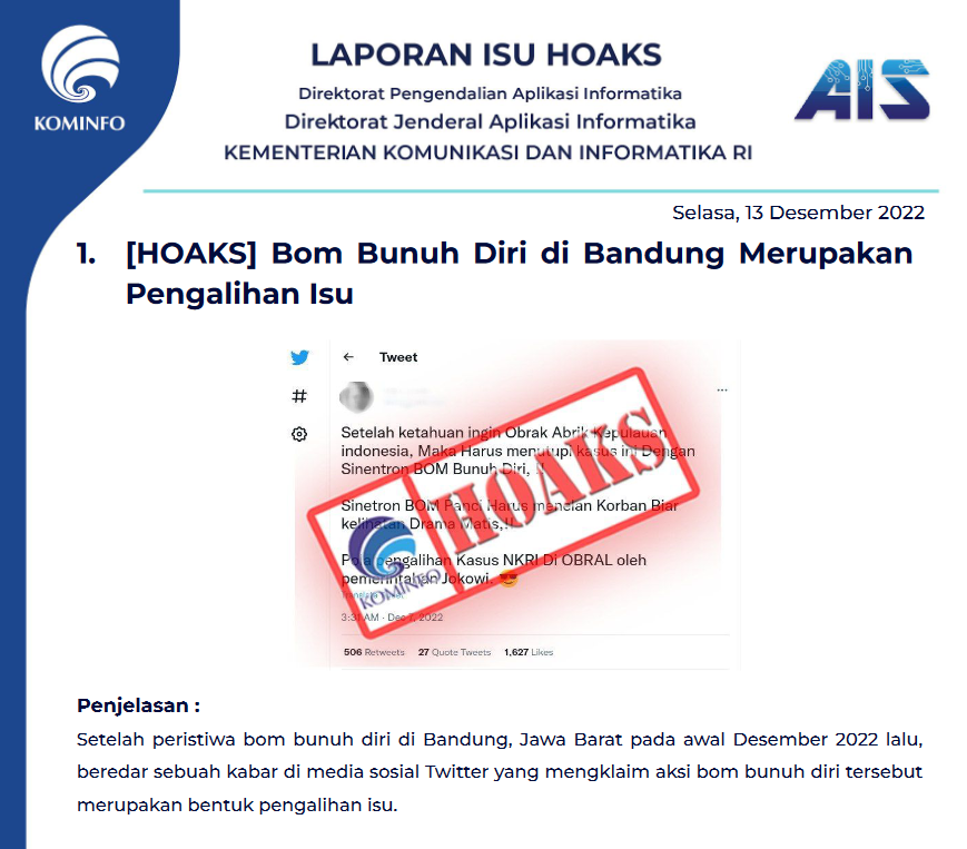Isu Hoaks 13 Desember 2022