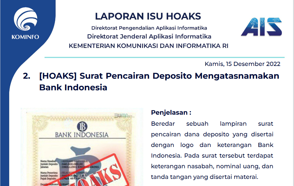 Isu Hoaks 15 Desember 2022