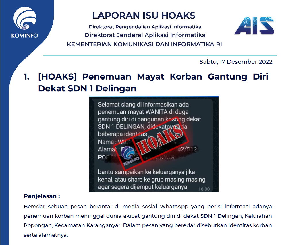 Isu Hoaks 17 Desember 2022