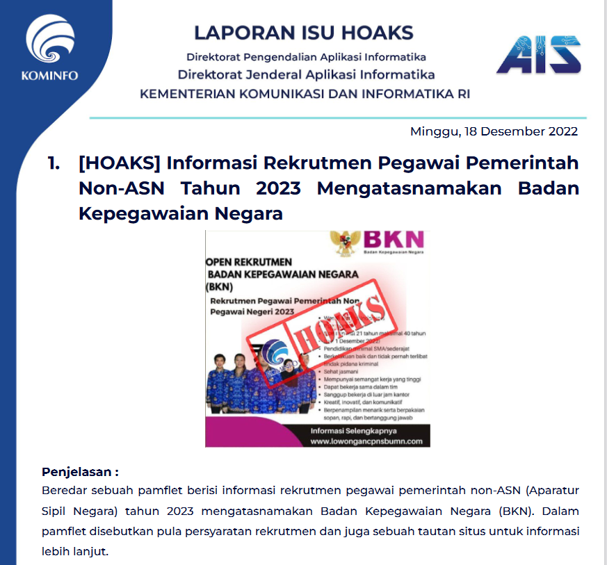 Isu Hoaks 18 Desember 2022