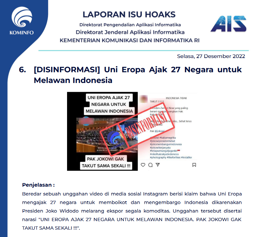 Isu Hoaks 27 Desember 2022