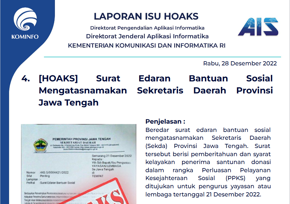 Isu Hoaks 28 Desember 2022