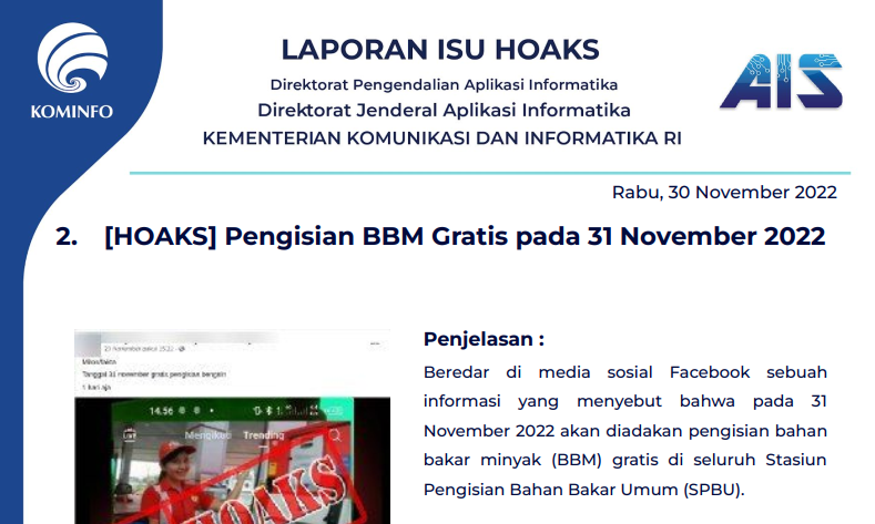 Isu Hoaks 30 November 2022