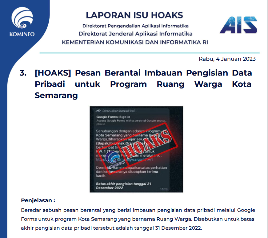 Isu Hoaks 4 Januari 2023