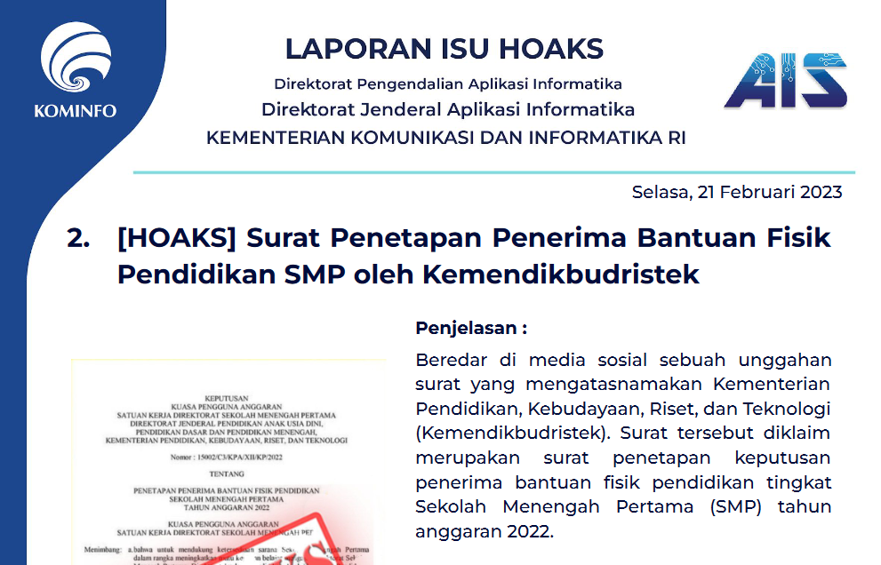 Isu Hoaks 21 Februari 2023