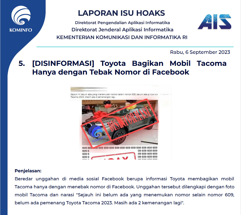 Isu Hoaks 6 September 2023