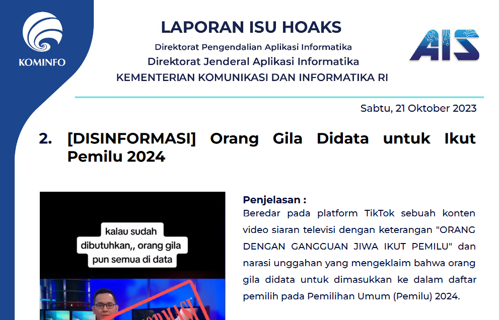Isu Hoaks 21 Oktober 2023
