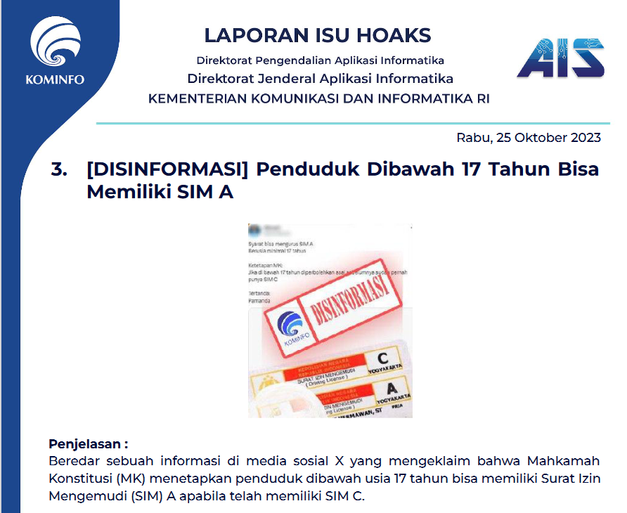 Isu Hoaks & Disinformasi 25 Oktober 2023
