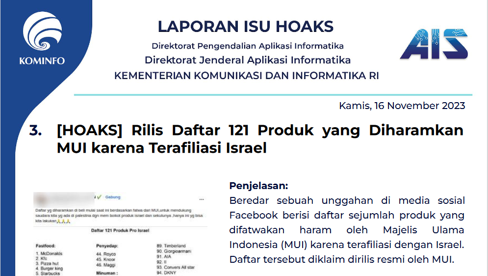 Isu Hoaks 16 November 2023