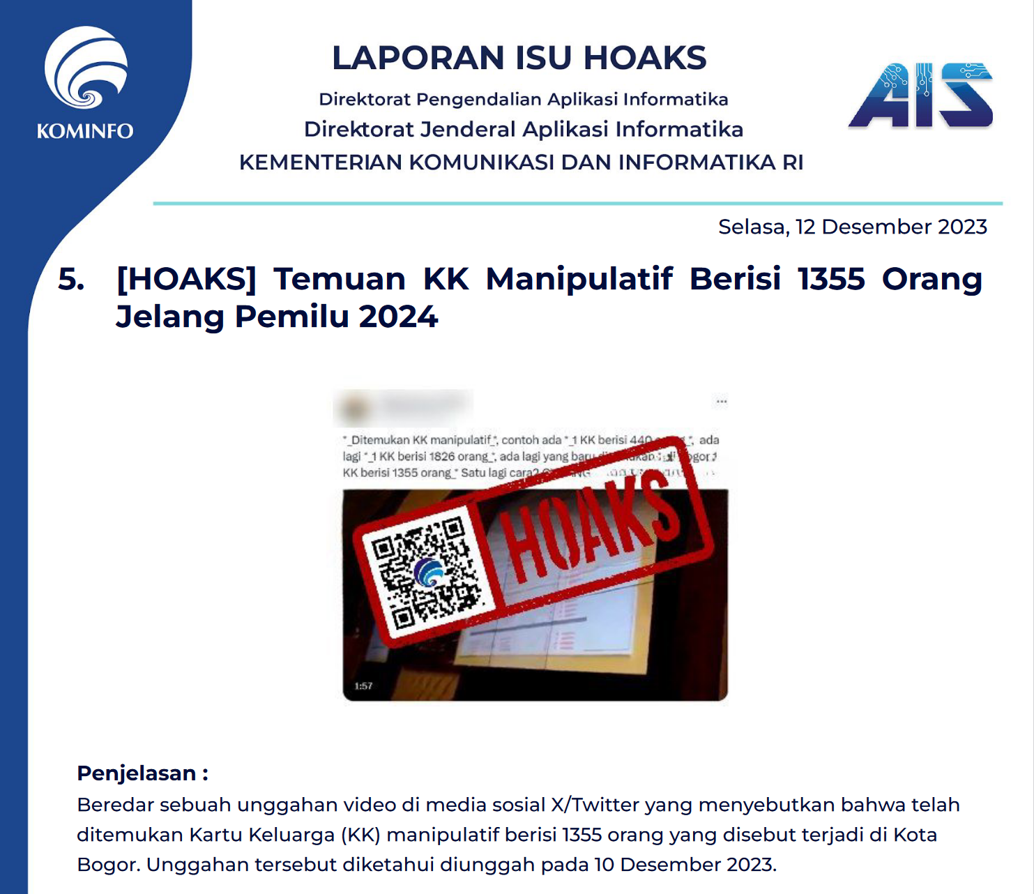 Isu Hoaks & Disinformasi 12 Desember 2023