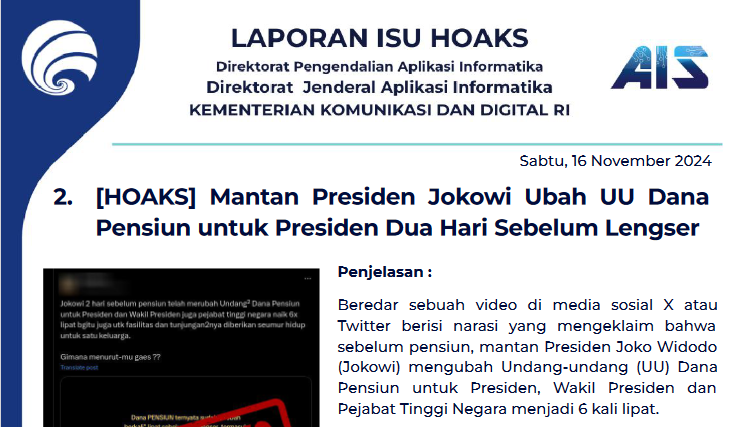 Isu Hoaks & Disinformasi 16 November 2024