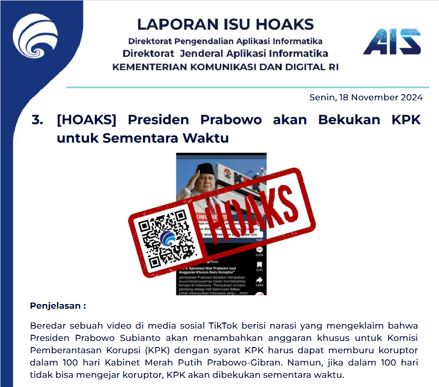 Isu Hoaks & Disinformasi 18 November 2024