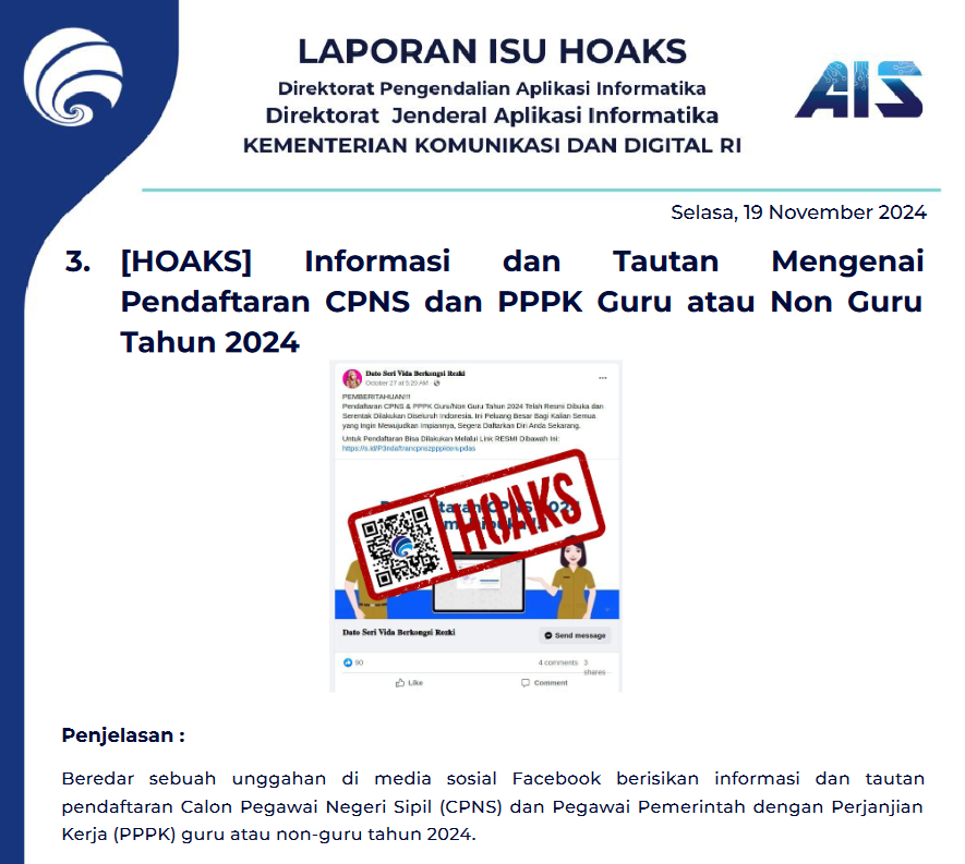 Isu Hoaks & Disinformasi 19 November 2024