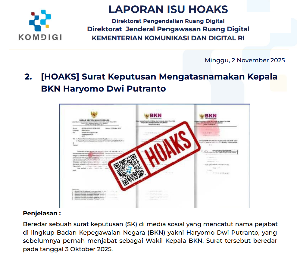 Isu Hoaks & Disinformasi 2 November 2025