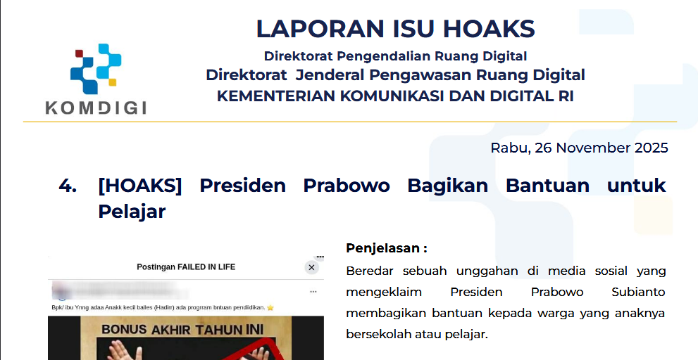 Isu Hoaks & Disinformasi 26 November 2025