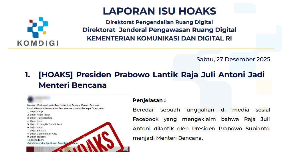 Isu Hoaks & Disinformasi 27 Desember 2025
