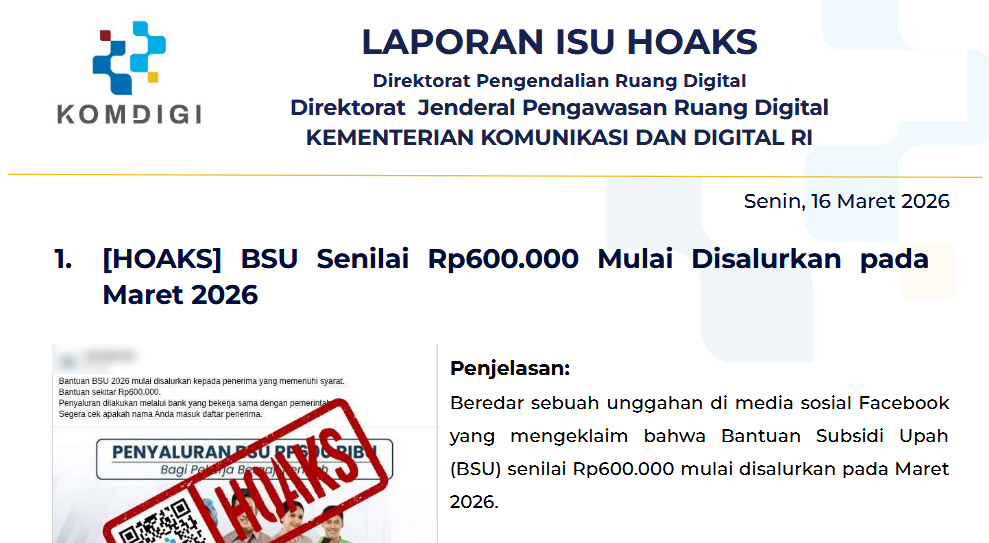 Isu Hoaks & Disinformasi 16 Maret 2026