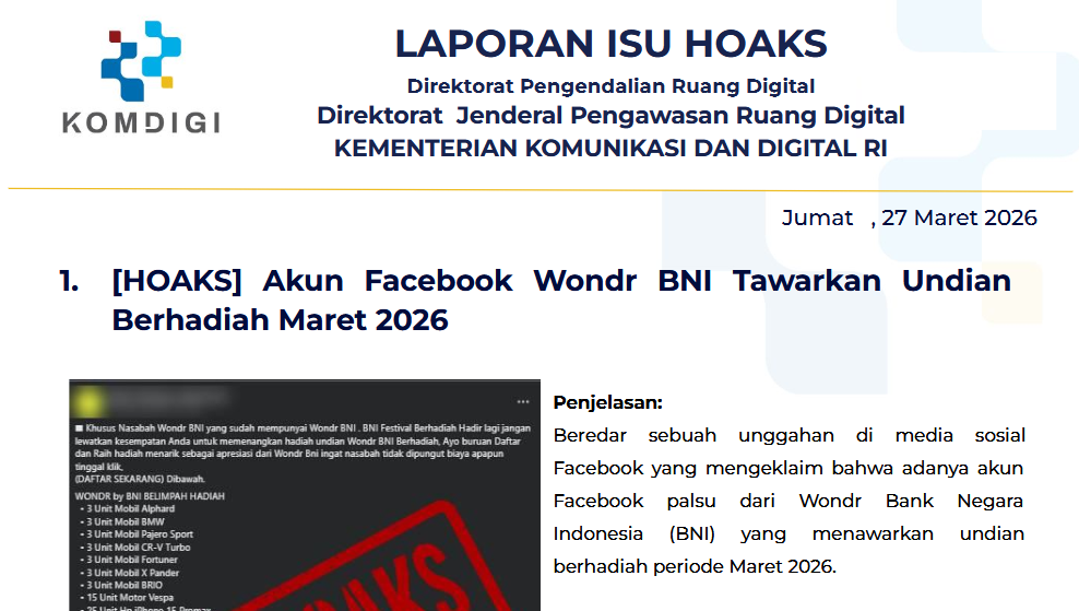Isu Hoaks & Disinformasi 27 Maret 2026