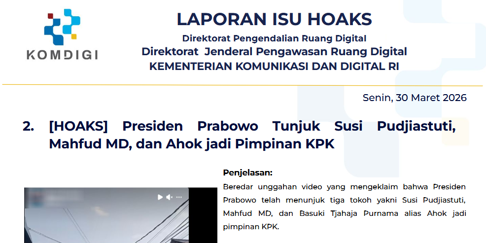 Isu Hoaks & Disinformasi 30 Maret 2026