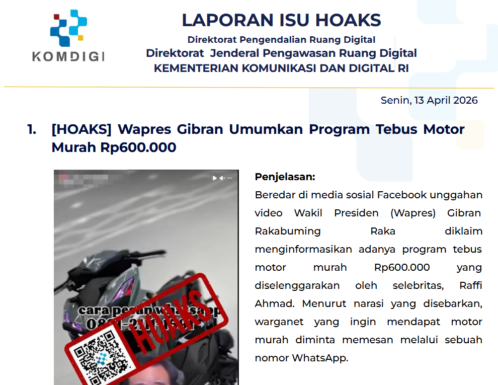 Isu Hoaks & Disinformasi 13 April 2026