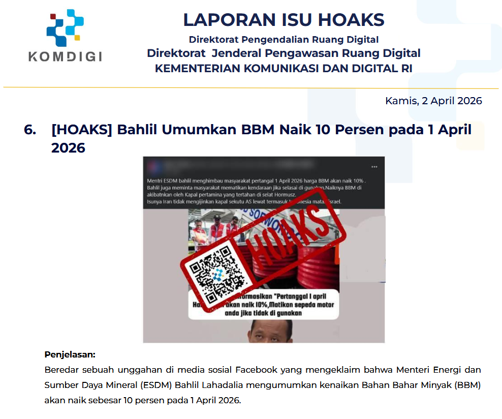 Isu Hoaks & Disinformasi 2 April 2026