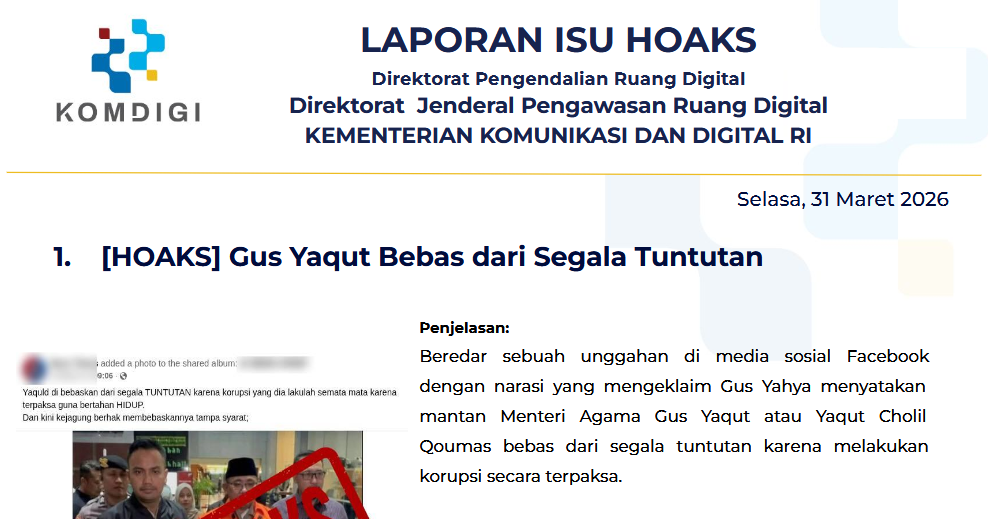 Isu Hoaks & Disinformasi 31 Maret 2026