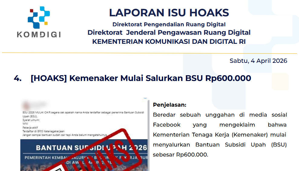 Isu Hoaks & Disinformasi 4 April 2026