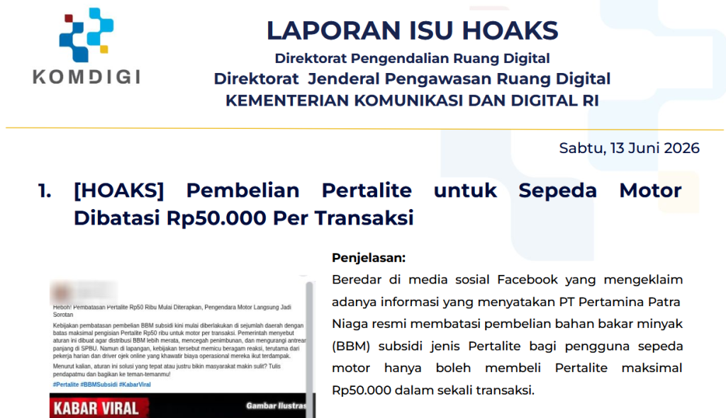 Isu Hoaks & Disinformasi 13 Juni 2026