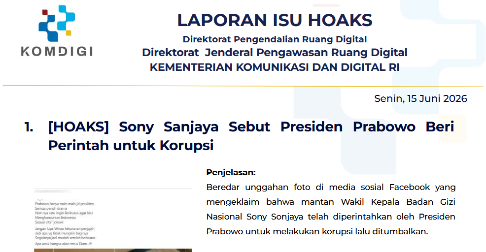 Isu Hoaks & Disinformasi 15 Juni 2026