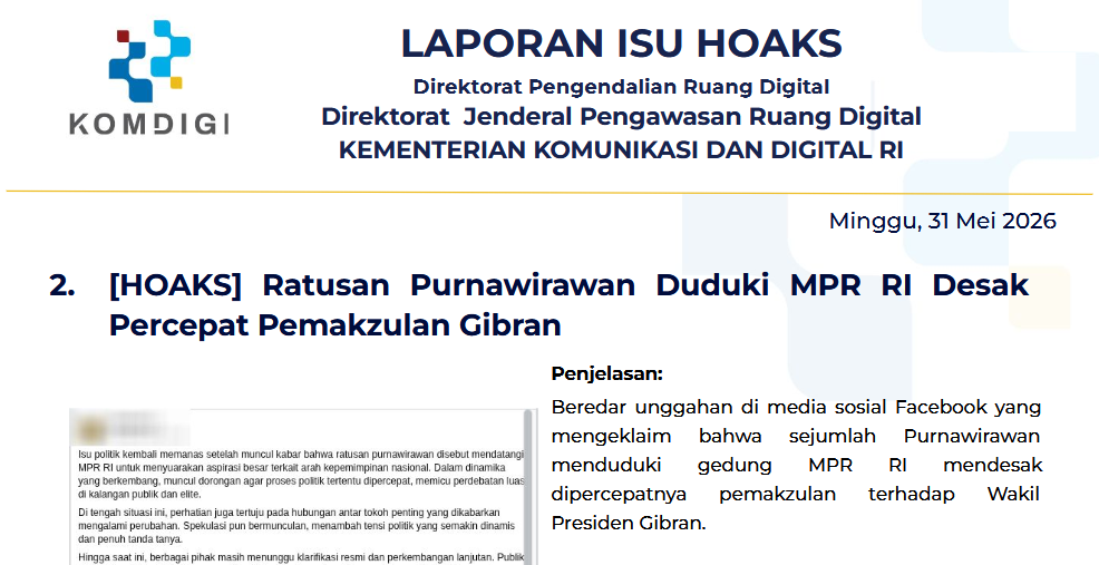 Isu Hoaks & Disinformasi 31 Mei 2026