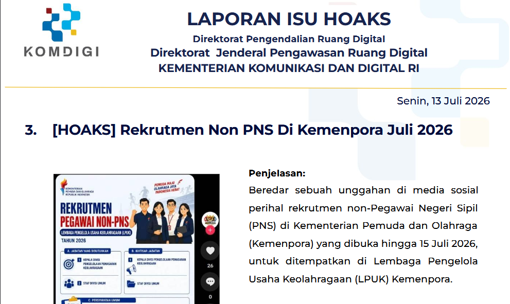 Isu Hoaks & Disinformasi 13 Juli 2026