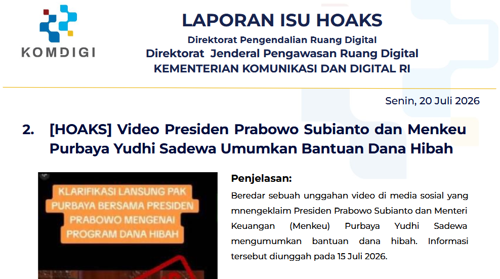 Isu Hoaks & Disinformasi 20 Juli 2026
