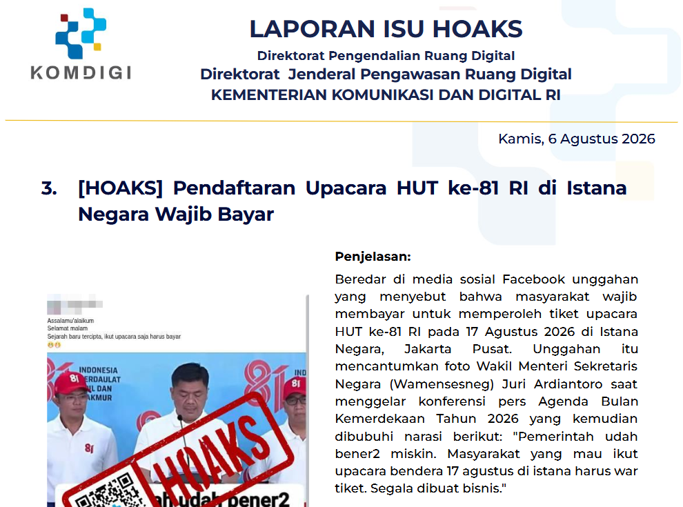 Isu Hoaks & Disinformasi 6 Agustus 2026